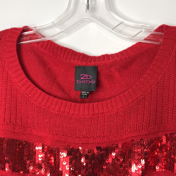 2B Bebe Red Striped Sequined Short Sleeve Christmas Sweater L Large - Picture 4 of 8